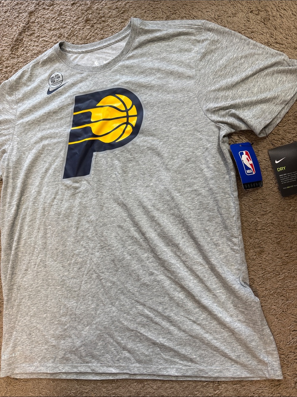 New With Tag Nike Grey Pacers Official NBA T-Shirt XL with Navy and Yellow Logo
